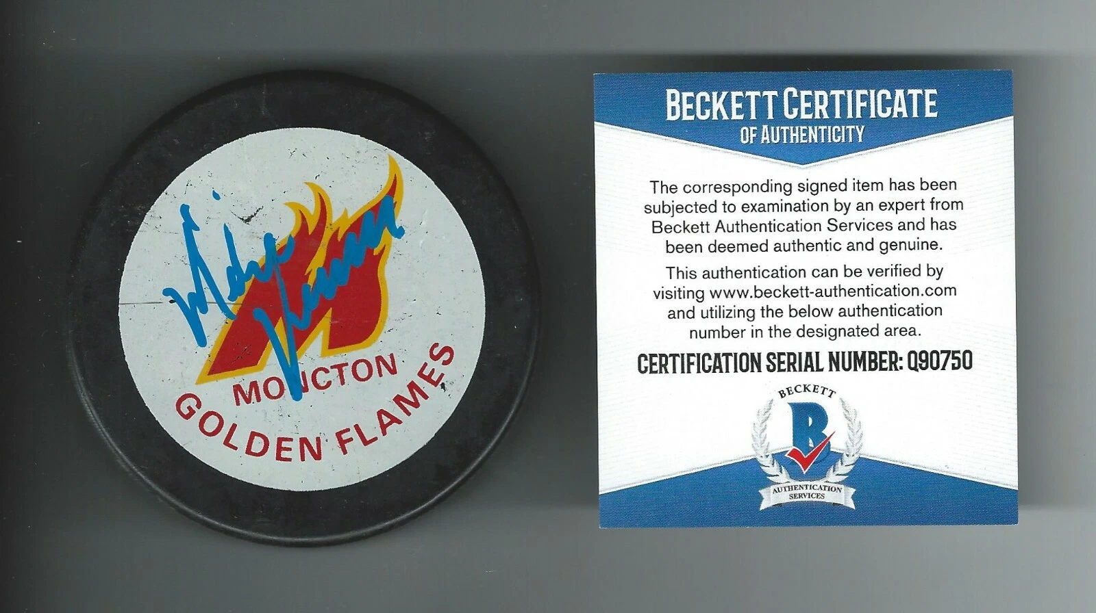 Mike Vernon Signed Moncton Golden Flames Puck Beckett COA Q90752 Calgary Flames