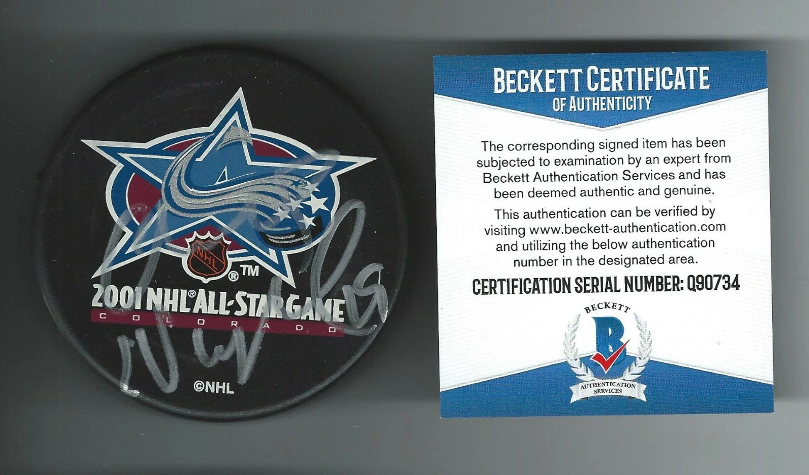 Markus Naslund Full Name Signed 01 All Star Game Puck Beckett COA Q90734 Canucks