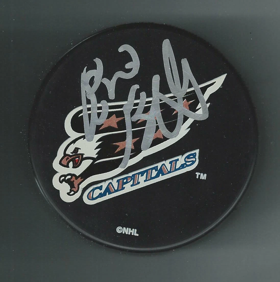 Brian Bellows Signed Washington Capitals Eagle Logo Souvenir Puck