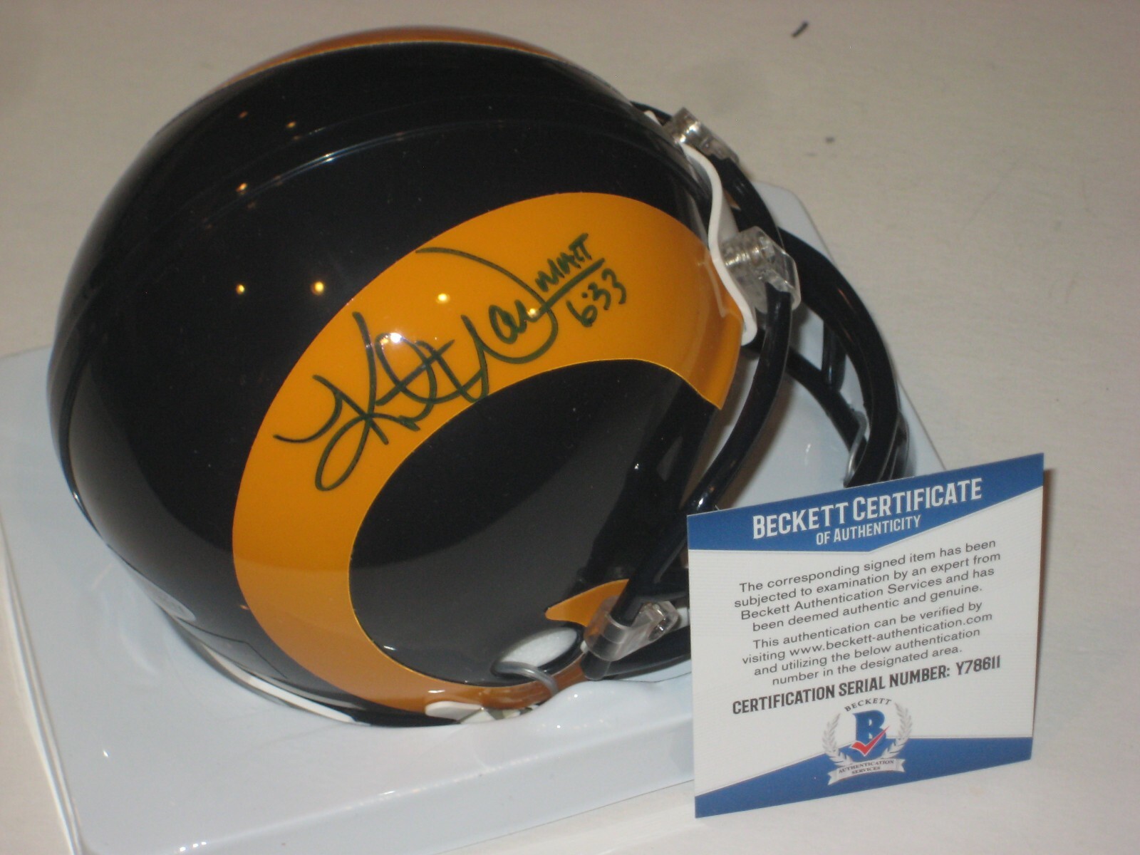 KURT WARNER Signed St. Louis RAMS Mini-helmet w/ Beckett COA (BAS)