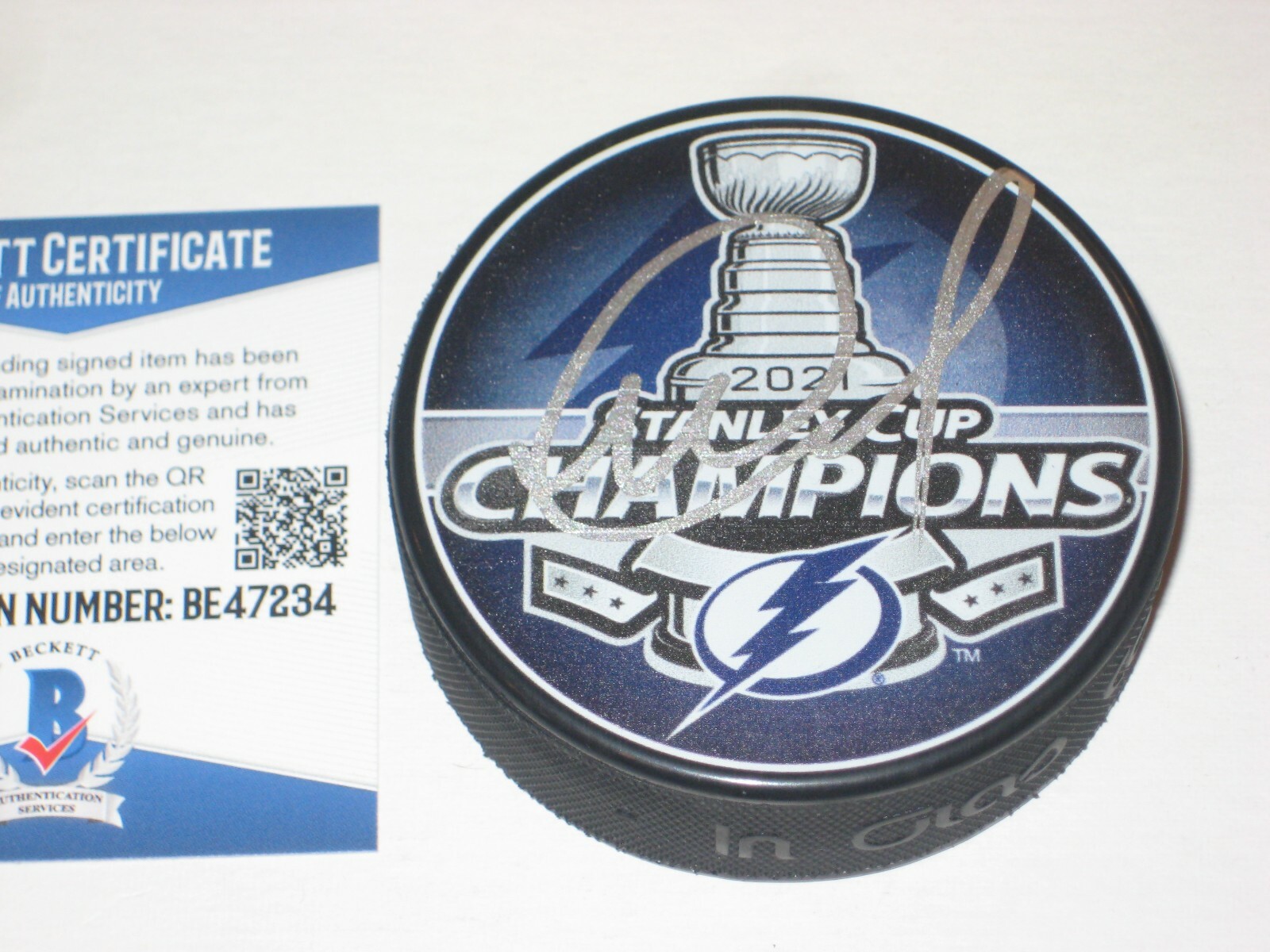MIKHAIL SERGACHEV Signed 2021 STANLEY CUP CHAMPS Puck w/ Beckett COA (BAS)