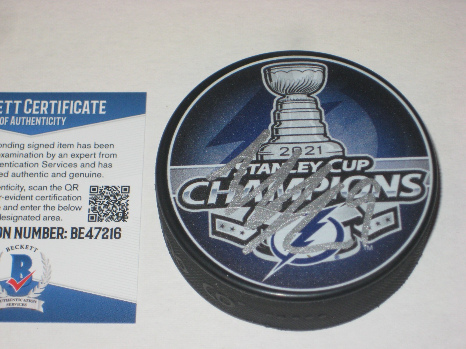 TYLER JOHNSON Signed 2021 STANLEY CUP CHAMPS Puck w/ Beckett COA (BAS)
