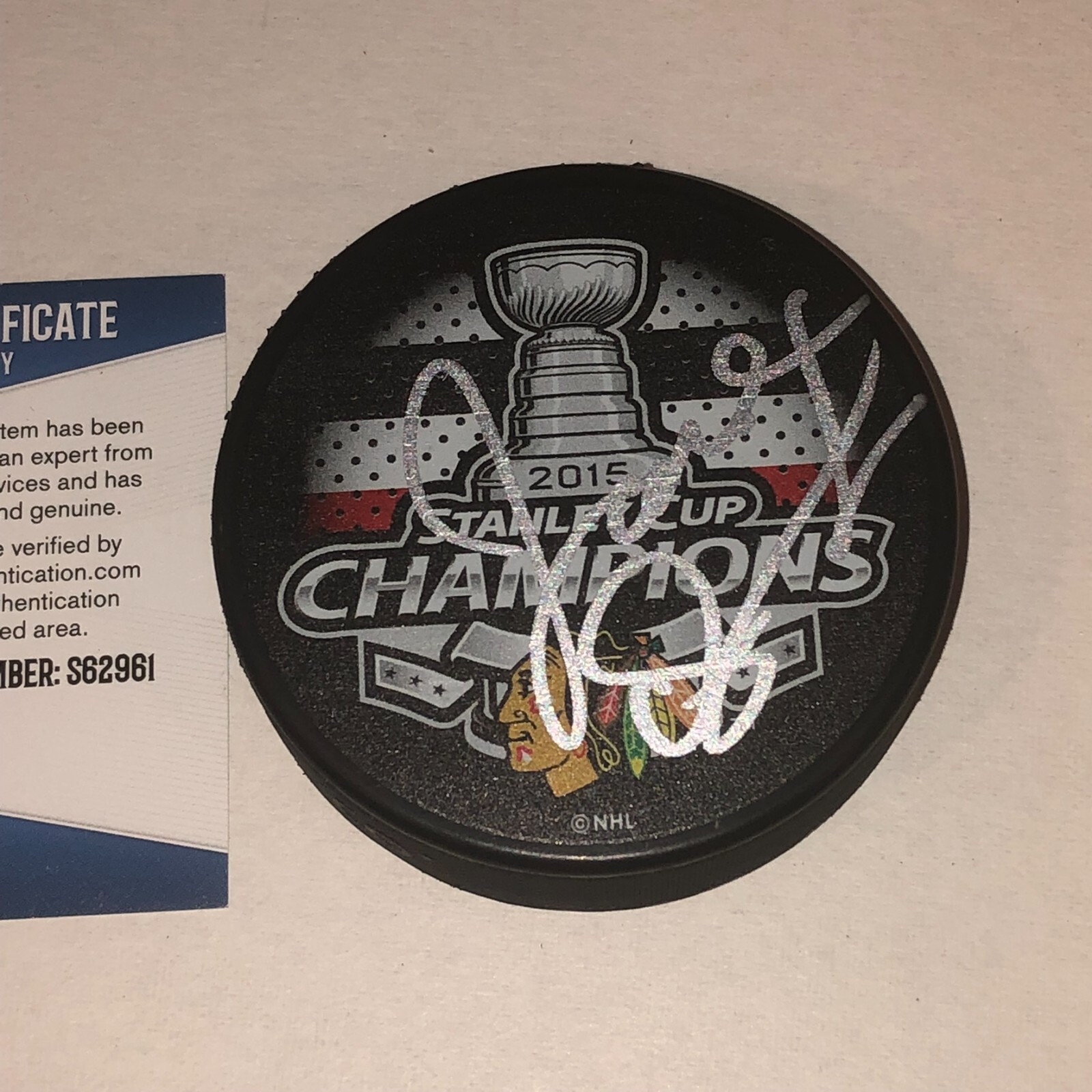 JOEL QUENNEVILLE Blackhawks Signed 2015 STANLEY CUP CHAMPS Puck w/ BAS COA