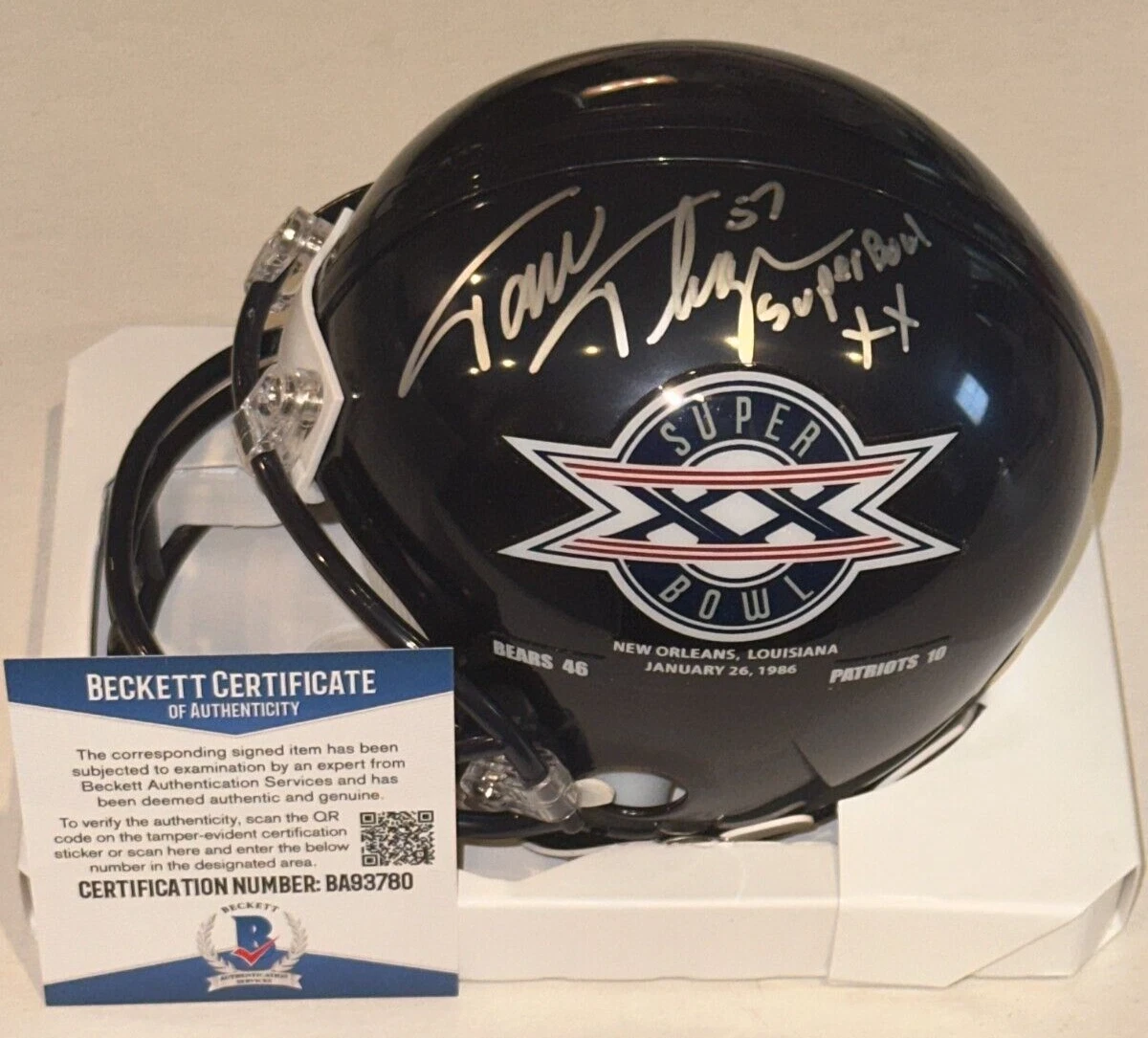 TOM THAYER (Bears) Signed SUPER BOWL XX Mini-helmet w/ Beckett COA & Inscription
