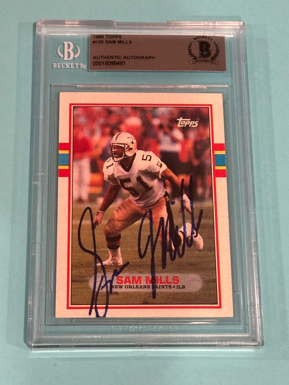 SAM MILLS Signed 1989 TOPPS Card #155 Beckett Authenticated BAS