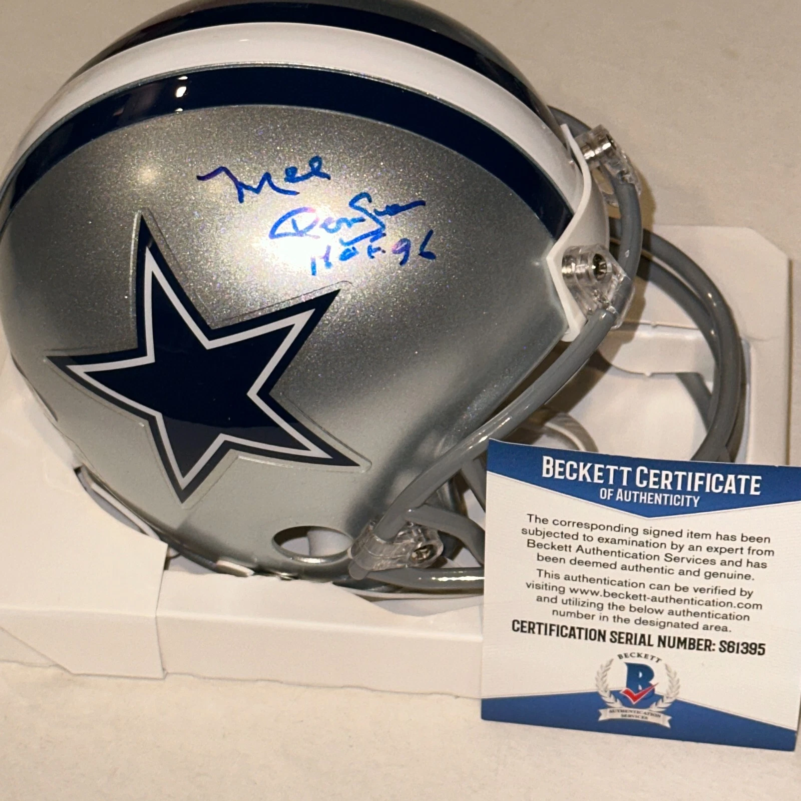 MEL RENFRO Signed Dallas COWBOYS Mini-helmet w/ Beckett COA & HOF Insc (BAS)