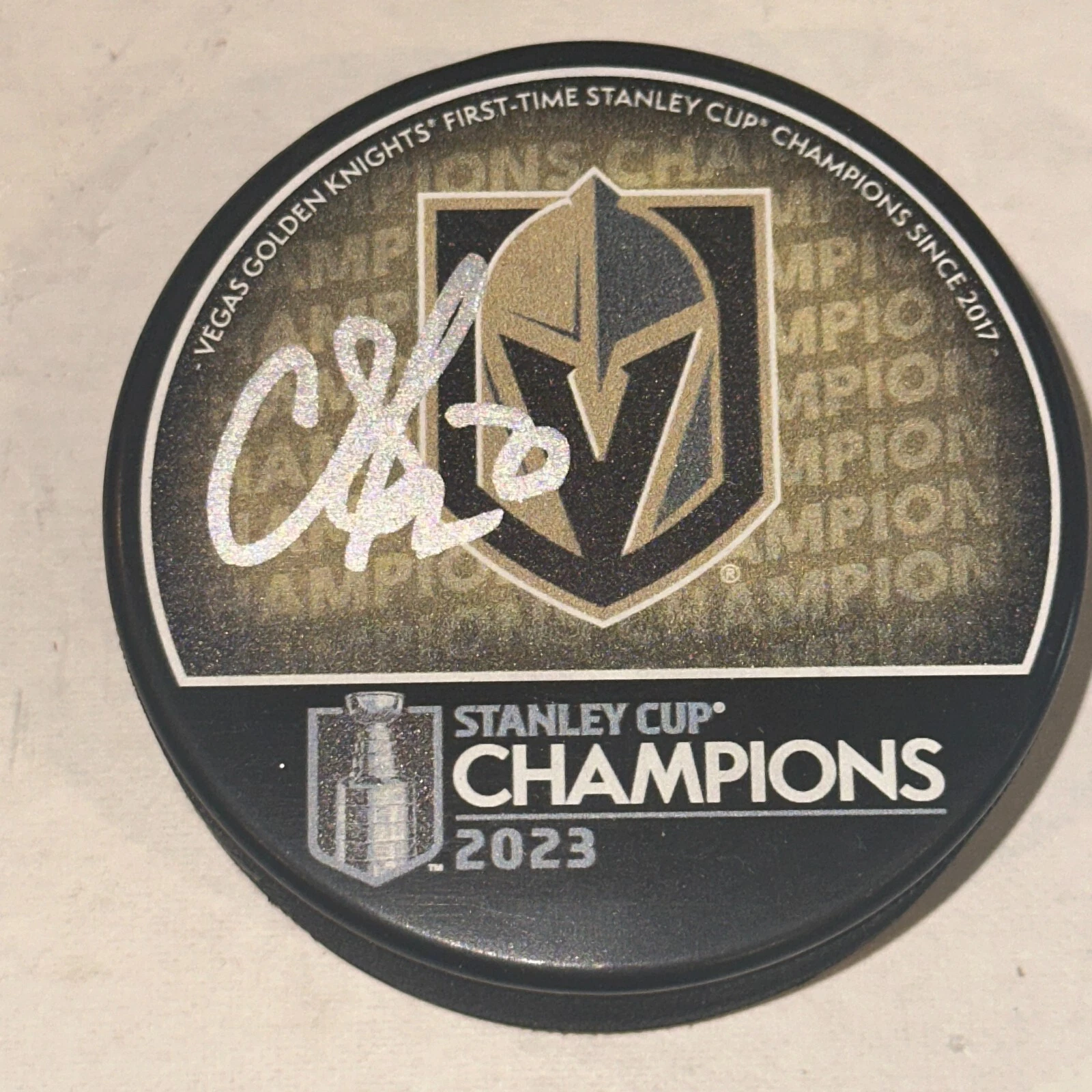 CHANDLER STEPHENSON Signed Knights 2023 STANLEY CUP CHAMPS Puck Beckett Auth BAS
