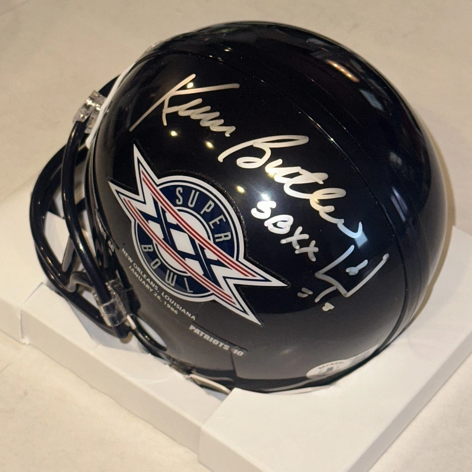 KEVIN BUTLER Signed SUPER BOWL VSR4 Mini-helmet Beckett (BAS) w/ SB XX Inscr
