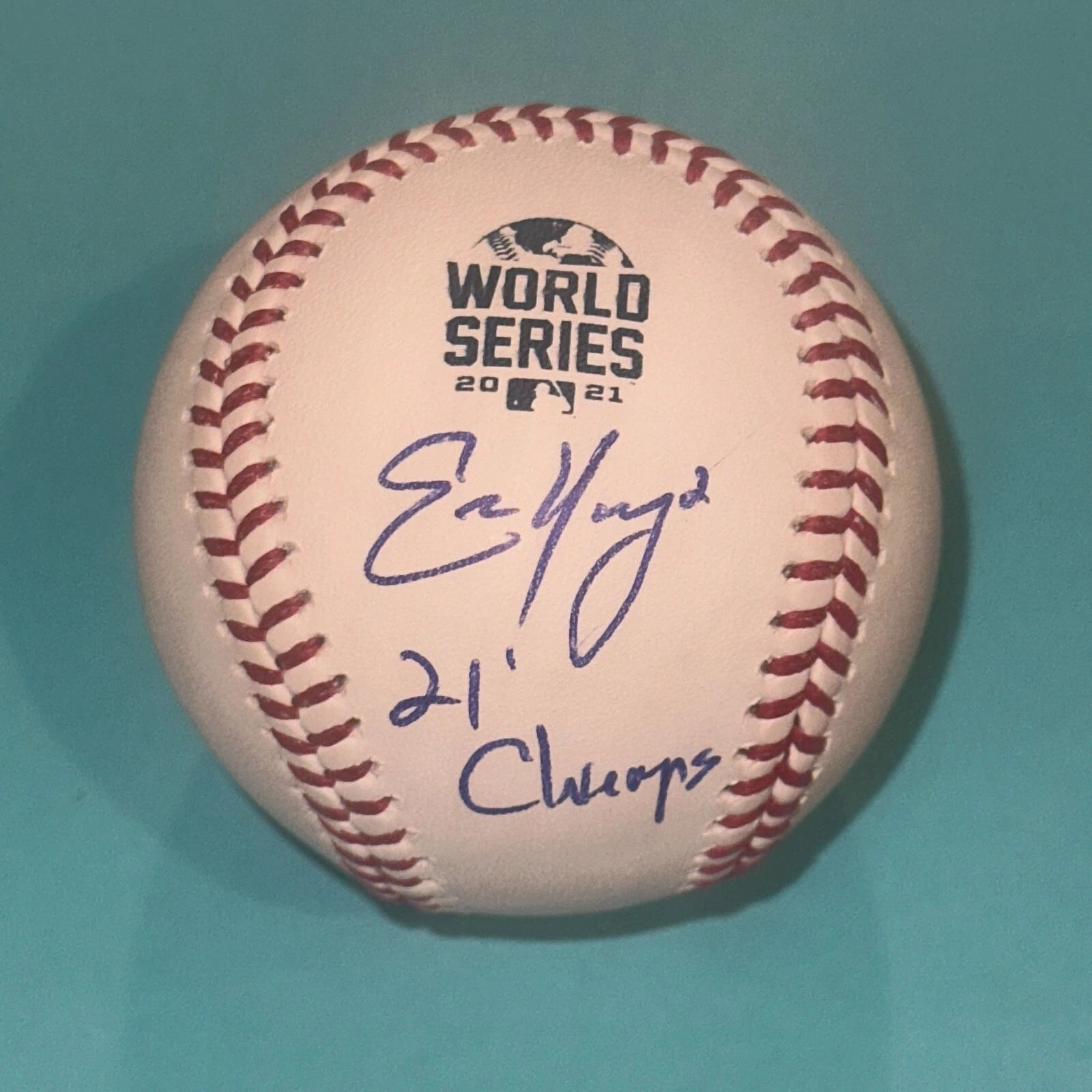 ERIC YOUNG (Braves) Signed Official 2021 WORLD SERIES Baseball BAS w/ Insc