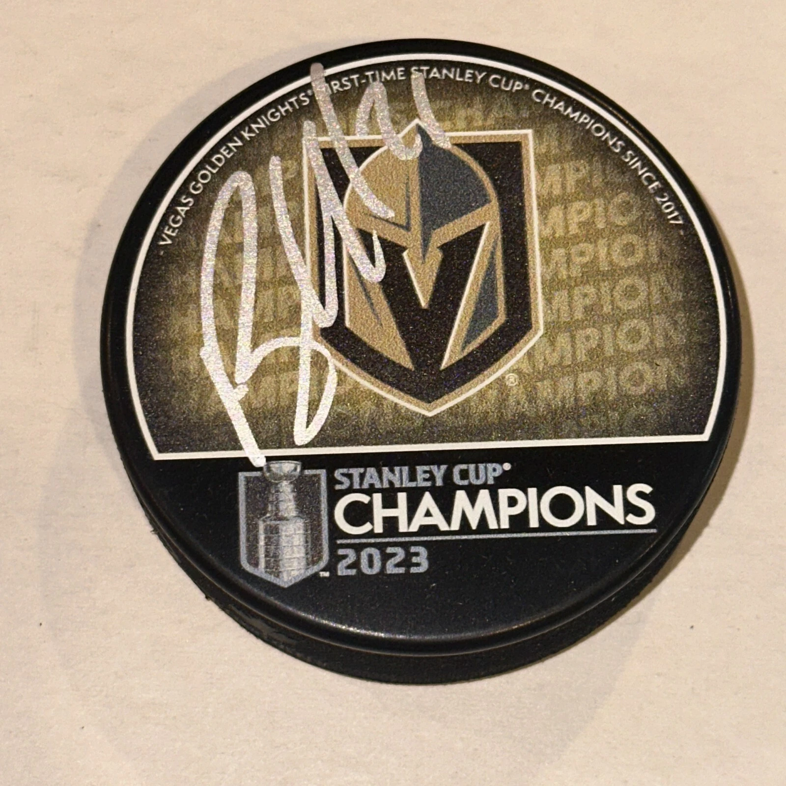 BRETT HOWDEN Signed Knights 2023 STANLEY CUP CHAMPS Puck Beckett Auth BAS