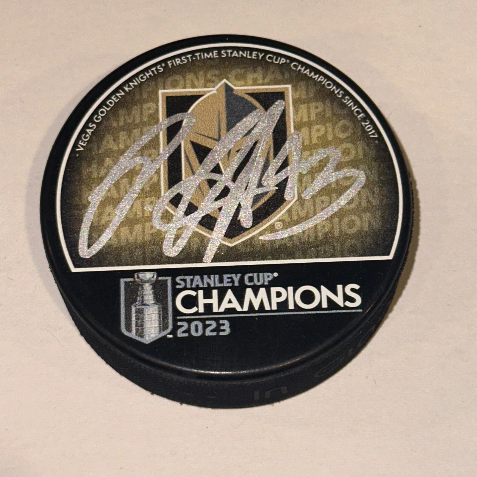 PAUL COTTER Signed Knights 2023 STANLEY CUP CHAMPS Puck Beckett Auth. BAS