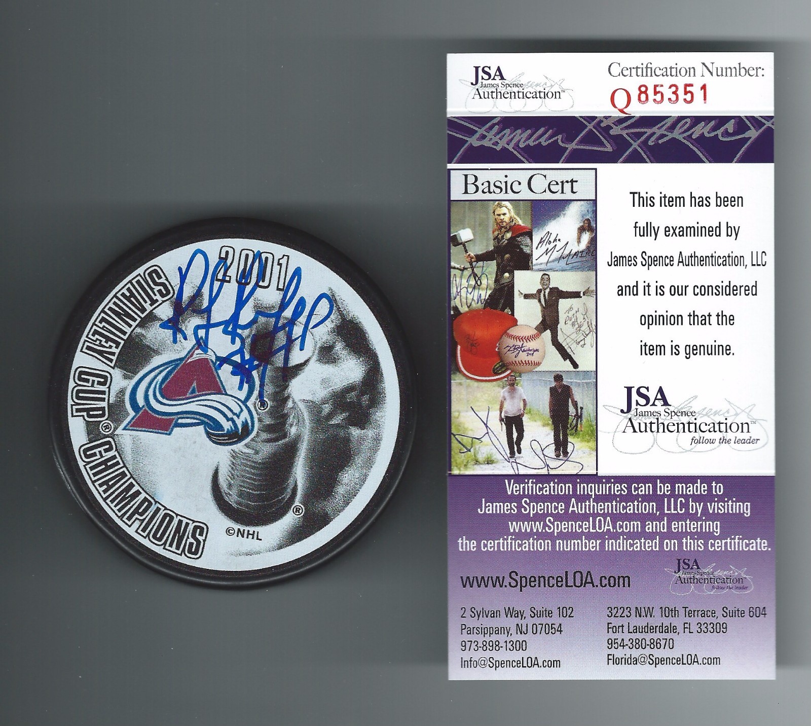 Ray Bourque Signed Colorado Avalanche 2001 Stanley Cup Puck JSA COA