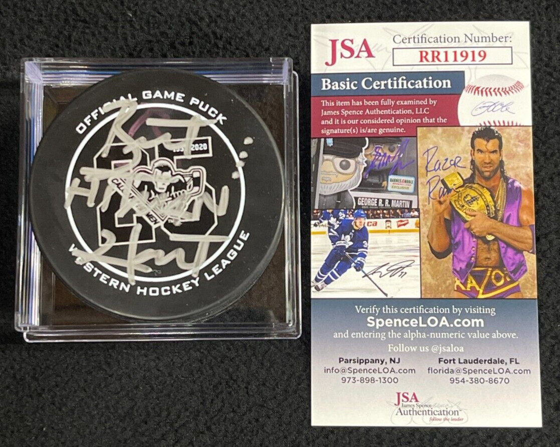BRET HITMAN HART SIGNED CALGARY HITMEN 25TH ANNIVERSARY PUCK JSA COA WWE WVW AEW COLLECTIBLE MEMORABILIA