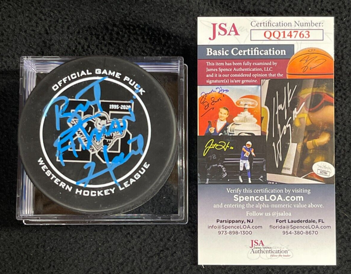 BRET HITMAN HART SIGNED CALGARY HITMEN 25TH ANNIVERSARY PUCK JSA COA WWE AEW WCW COLLECTIBLE MEMORABILIA