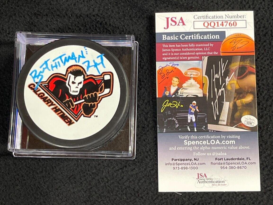 BRET HITMAN HART SIGNED CALGARY HITMEN OFFICIAL GAME PUCK #2 JSA COA WWE AEW WCW COLLECTIBLE MEMORABILIA