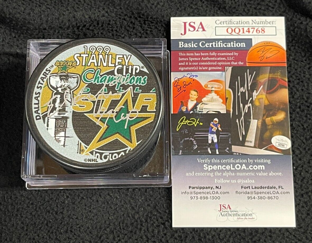 Ed Belfour Signed & Inscribed Dallas Stars 1999 Stanley Cup Champs Puck JSA COA
