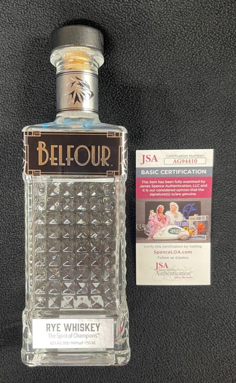 Ed Belfour Signed & Inscribed Spirits Rye Empty Whiskey Bottle JSA COA