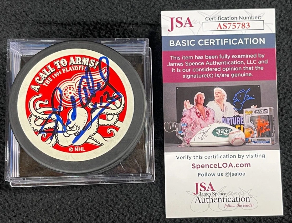 Sid Abel Multi-Signed & Inscribed Detroit Red Wings 1990 Playoffs Puck JSA COA