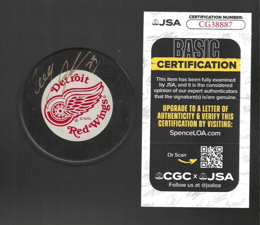 Greg Johnson Signed Detroit Red Wings Trench Puck Signed In Gold JSA COA