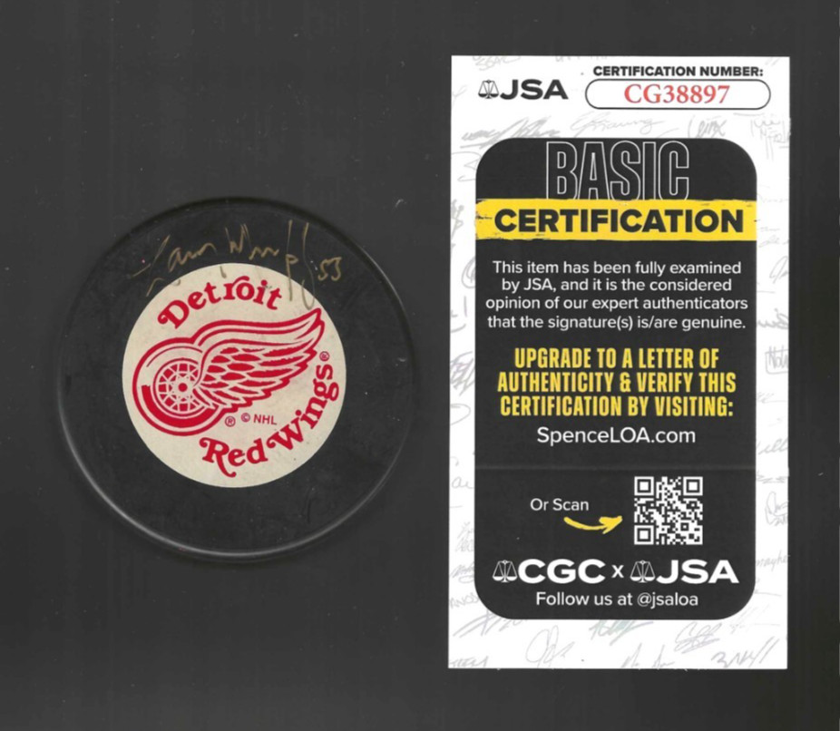 Larry Murphy Signed Detroit Red Wings Trench Puck JSA COA