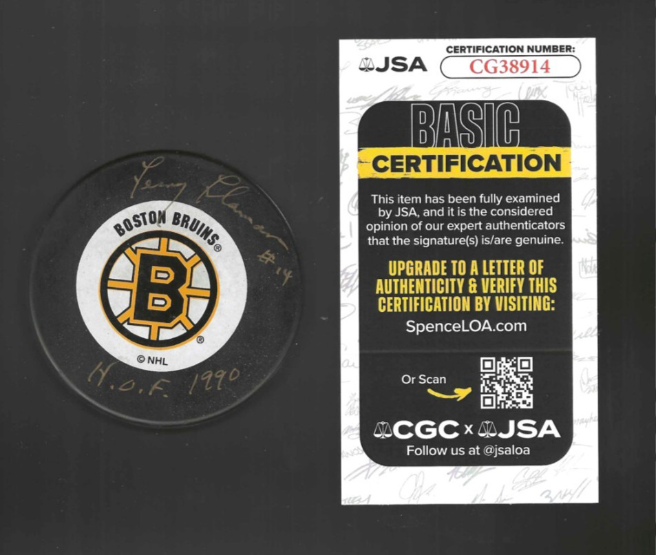 Fern Flaman Signed & Inscribed Boston Bruins Trench White Puck JSA COA