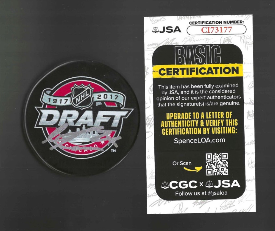 Michael Rasmussen Signed Detroit Red Wings 2017 Draft Puck JSA COA