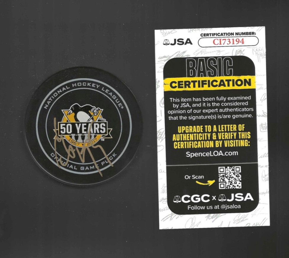 Sergei Gonchar Signed Pittsbrugh Penguins 50th Anniversary Game Puck Gold JSA
