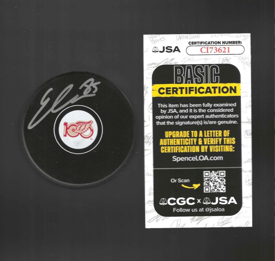 Elmer Soderlom Signed Detroit Red Wings Centennial 100th Puck JSA COA
