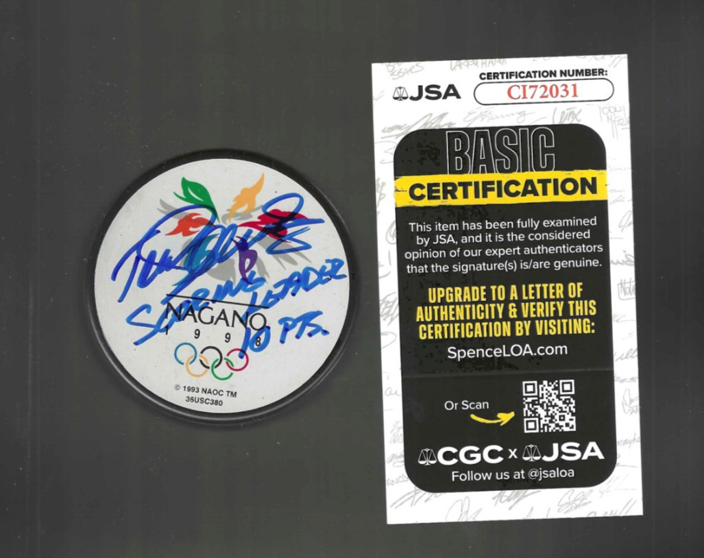 Teemu Selanne Signed & Inscribed Finland Nagano Olympics Scoring Leader Puck JSA