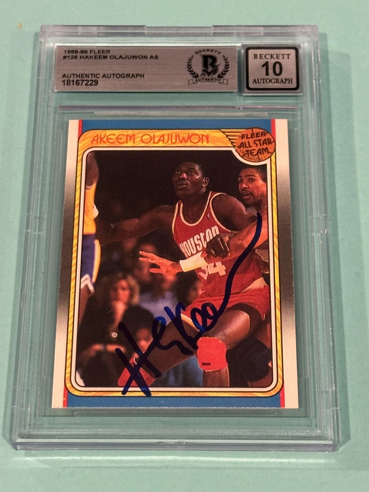 AKEEM (HAKEEM) OLAJUWON Signed 1988-89 FLEER Card #126 Beckett (BAS) AUTO 10