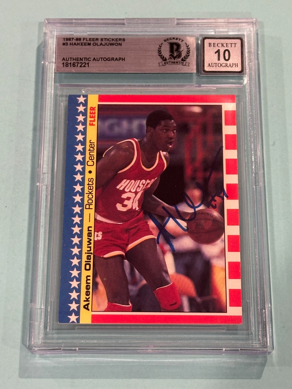AKEEM (HAKEEM) OLAJUWON Signed 1987-88 FLEER STICKERS Card #3 Beckett AUTO 10