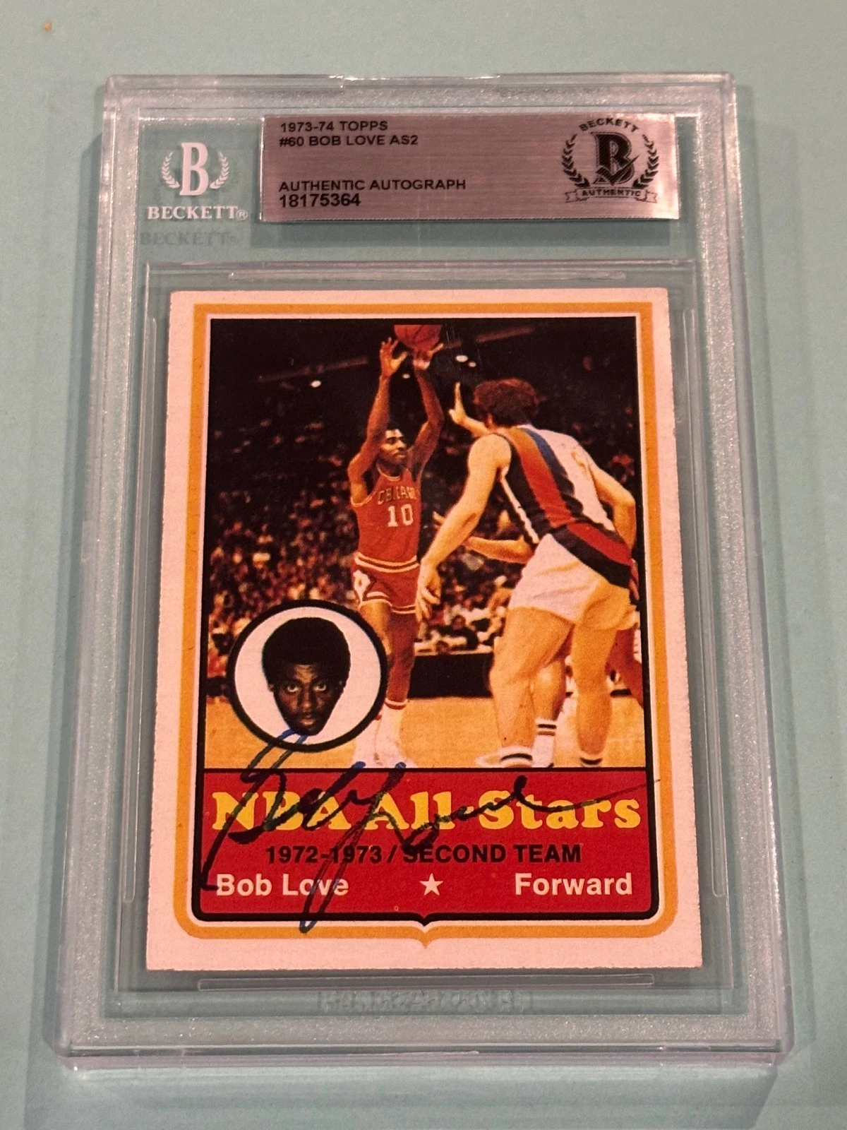 BOB LOVE Signed 1973-74 TOPPS Card #60 Beckett (BAS)