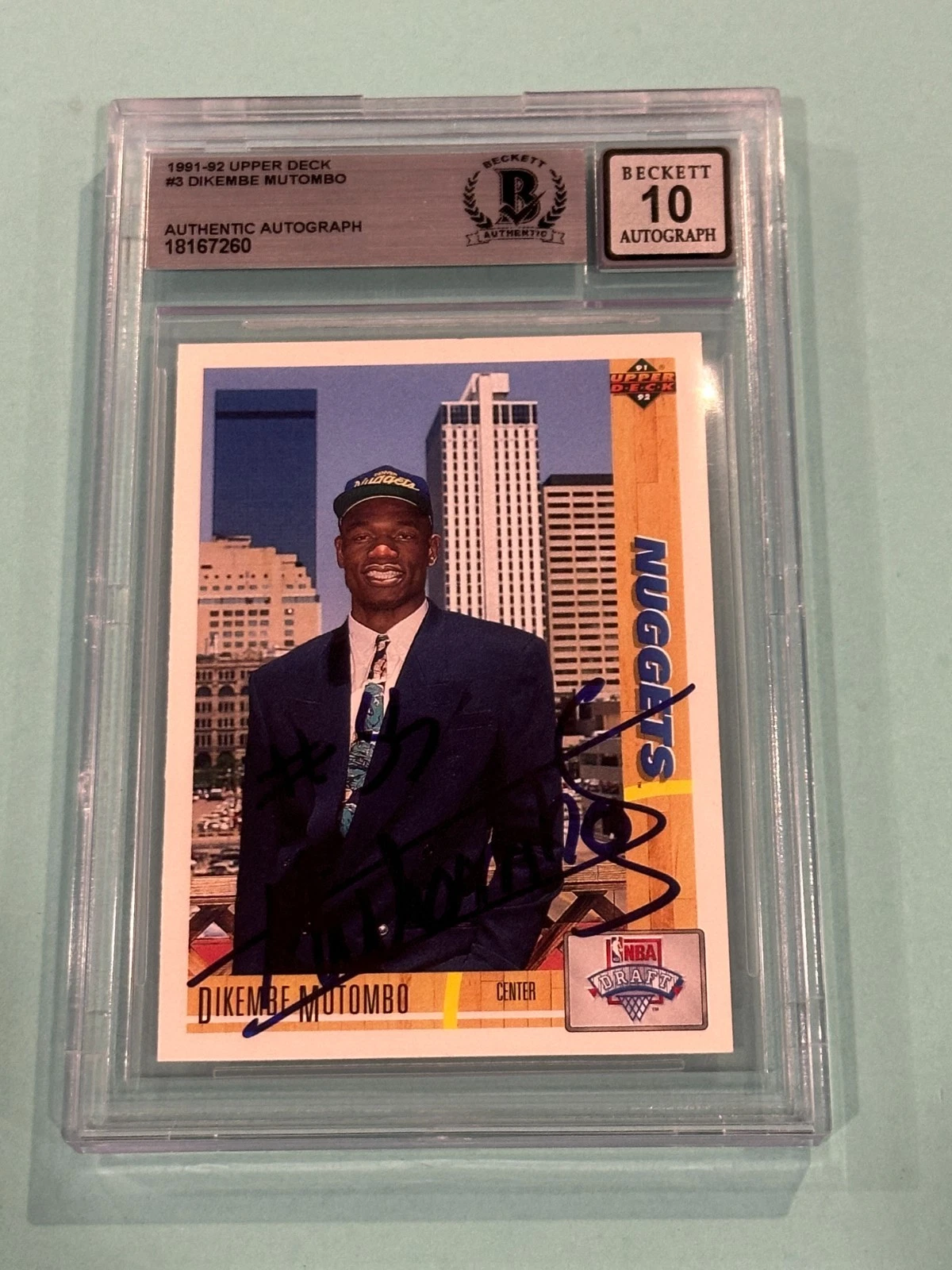 DIKEMBE MUTUMBO Signed 1991-92 UPPER DECK Card #3 Beckett (BAS) AUTO 10
