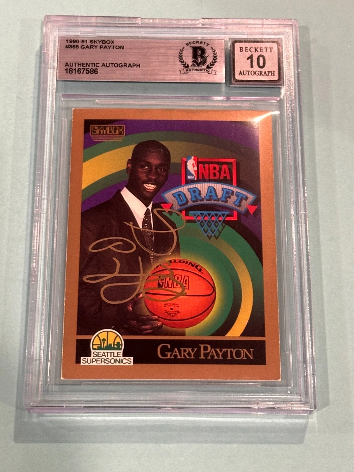 GARY PAYTON Signed 1990-91 SKYBOX Card #365 Beckett (BAS) AUTO 10