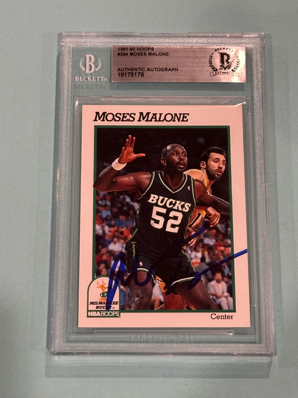 MOSES MALONE Signed 1991-92 HOOPS Card #394 Beckett (BAS)