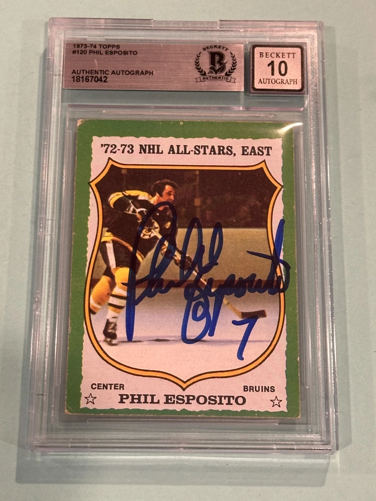 PHIL ESPOSITO Signed 1973-74 TOPPS Card #120 Beckett BAS AUTO 10
