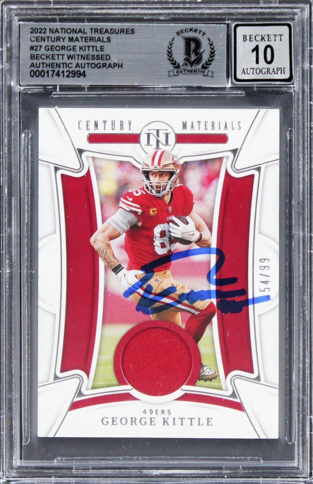 George Kittle Signed 2022 Natl Treasures CM #27 #54/99 Card Auto 10! BAS Slabbed