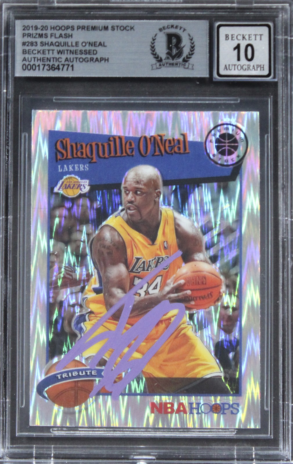 Lakers Shaquille O'Neal Signed 2019 Hoops PS Prizms Flash #283 Auto 10 BAS Slab