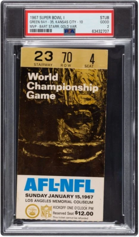 SUPER BOWL I GREEN BAY VS KANSAS CITY GOLD VARIANT TICKET STUB GRADED PSA 2 SLAB COLLECTIBLE MEMORABILIA