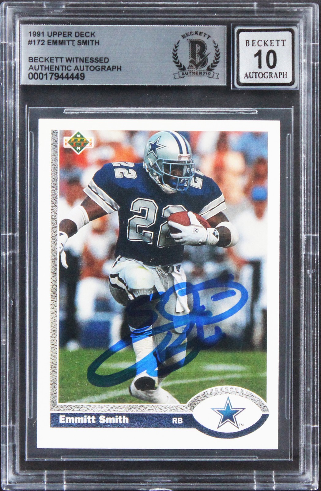 Cowboys Emmitt Smith Signed 1991 Upper Deck #172 Card Auto 10! BAS Slabbed