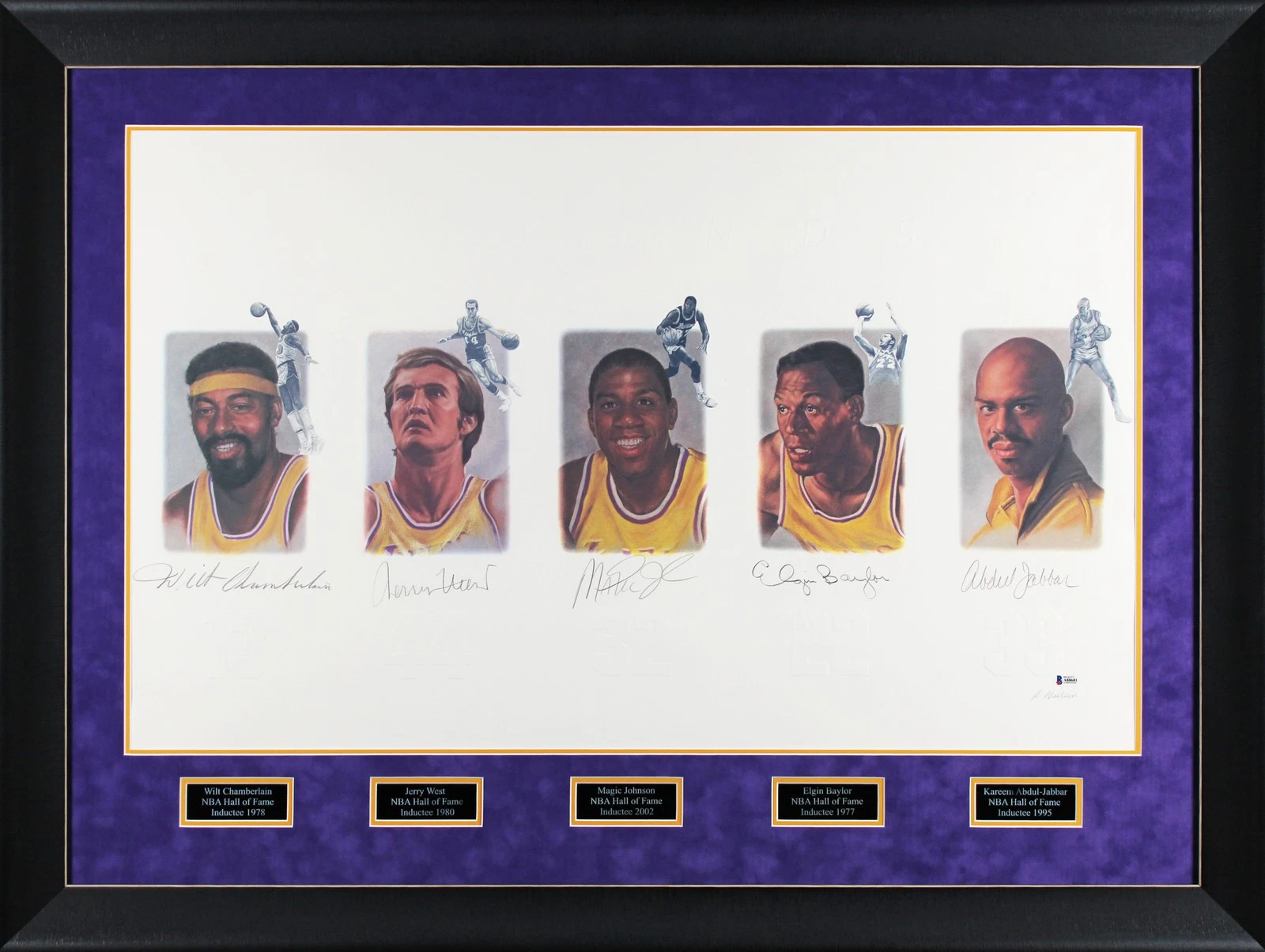 Lakers Legends (5) Chamberlain Jabbar Johnson Signed & Framed 22x39 Litho BAS 1