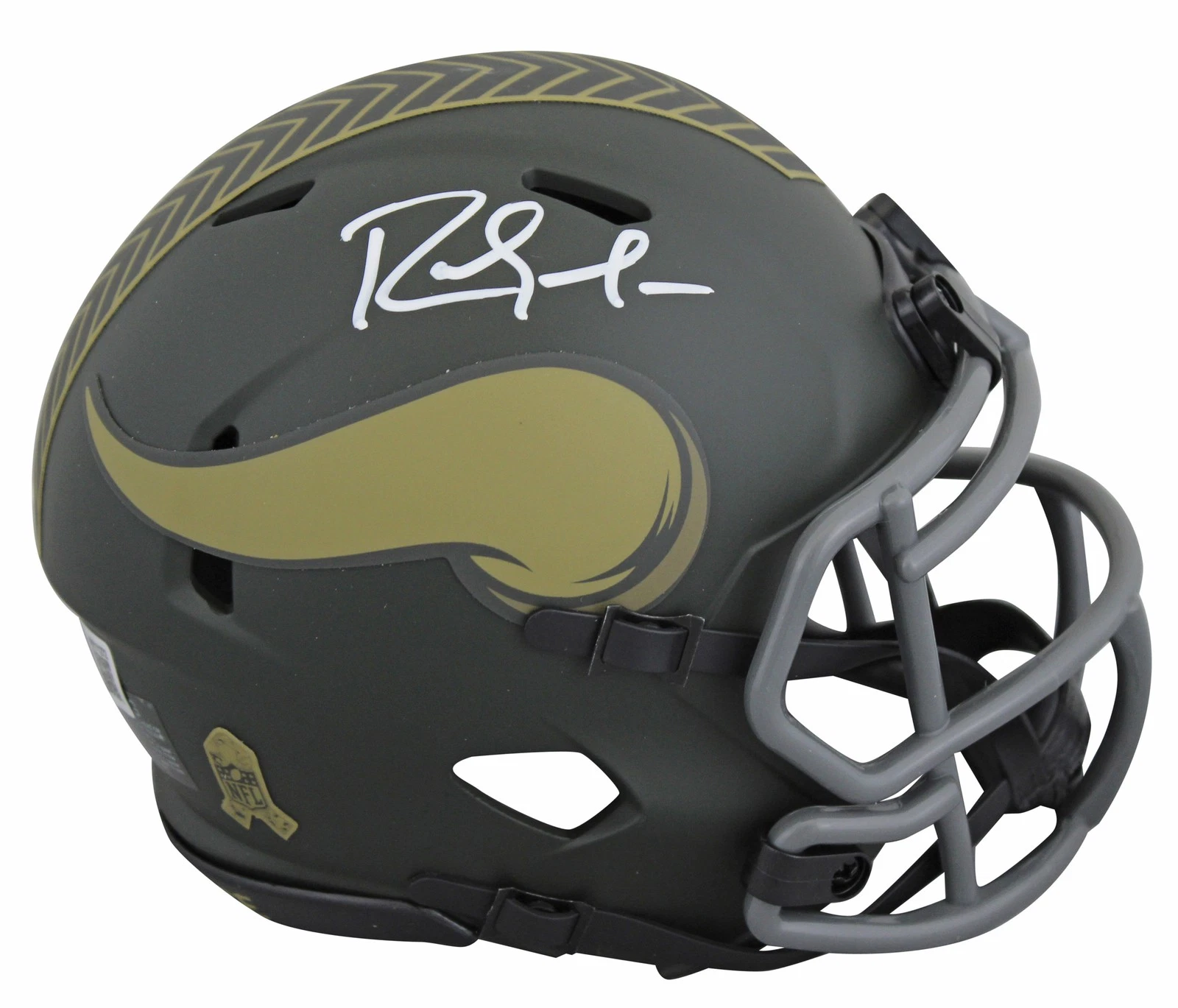 VIKINGS RANDY MOSS SIGNED SALUTE TO SERVICE IV SPEED MINI HELMET BAS WITNESSED COLLECTIBLE MEMORABILIA