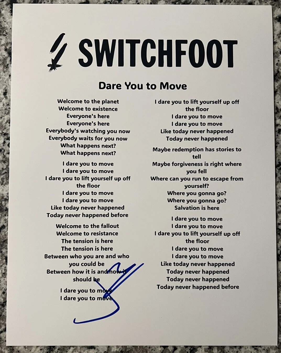 JON FOREMAN SIGNED LYRIC SHEET SWITCHFOOT LEAD SINGER AUTOGRAPH AUTHENTIC COA
