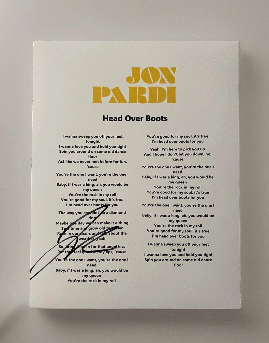 JON PARDI SIGNED LYRIC SHEET COUNTRY HEAD OVER BOOTS AUTHENTIC AUTOGRAPH COA