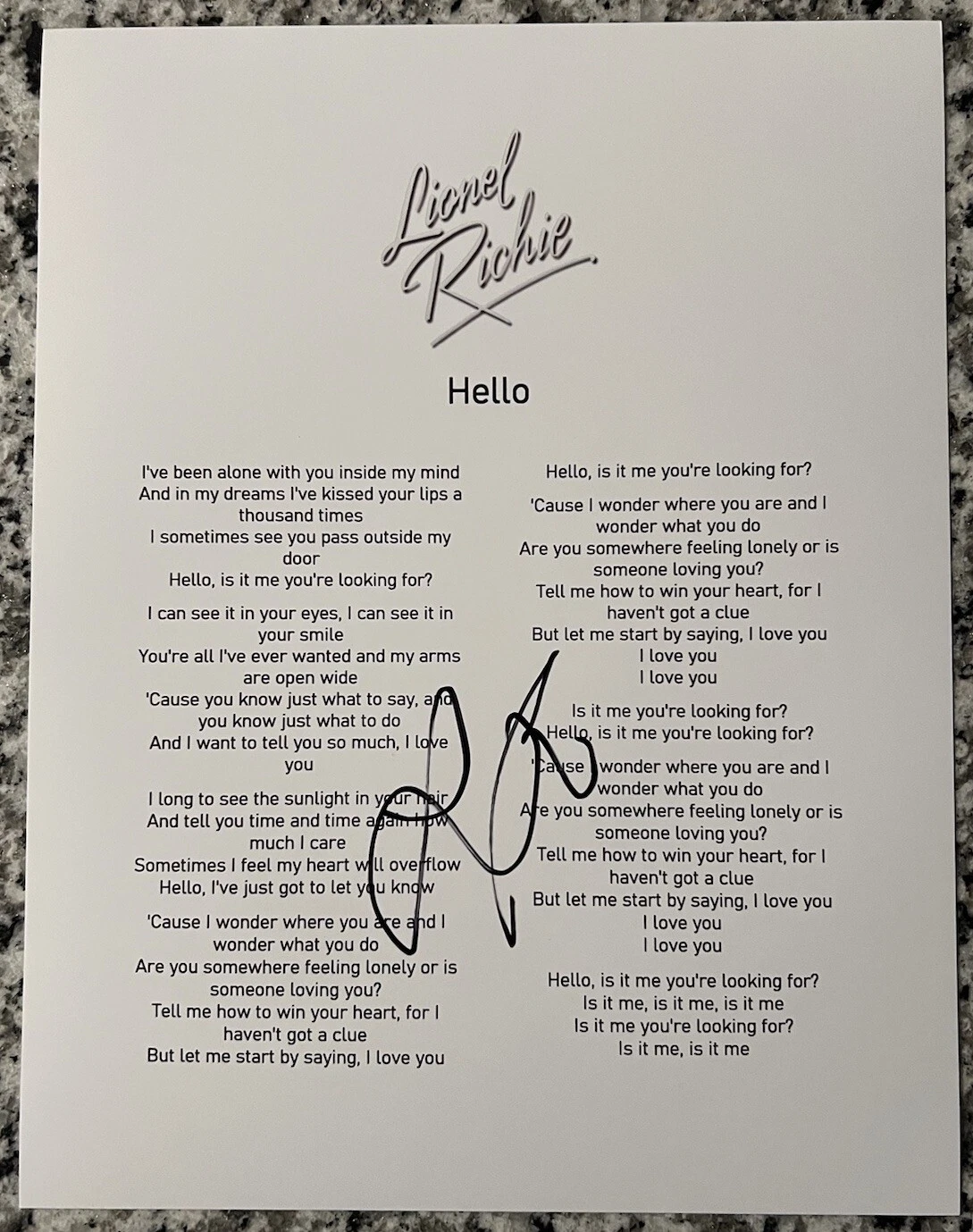 LIONEL RICHIE SIGNED LYRIC SHEET SINGER HELLO AUTOGRAPH AUTHENTIC COA