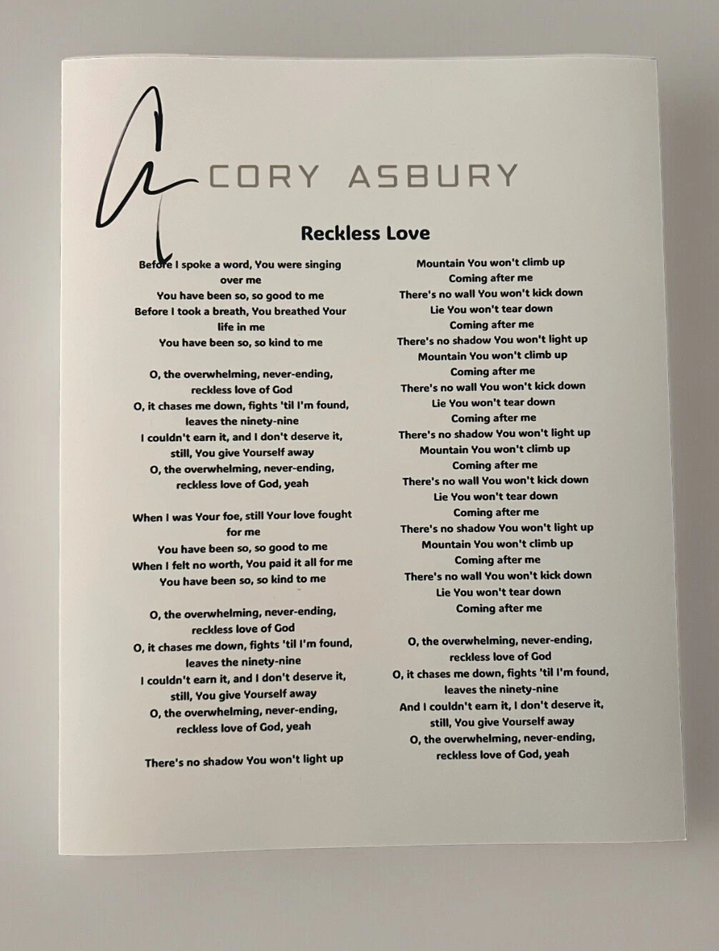 CORY ASBURY SIGNED RECKLESS LOVE LYRIC SHEET CHRISTIAN SINGER AUTOGRAPH COA
