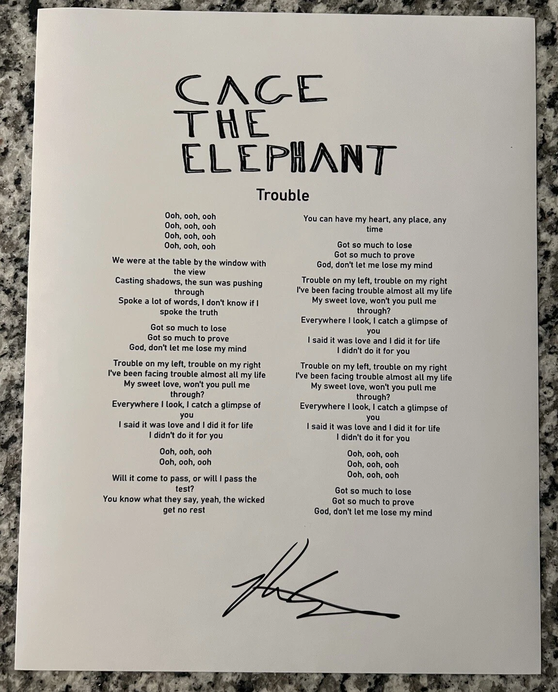 MATT SHULTZ SIGNED LYRIC SHEET CAGE THE ELEPHANT SINGER AUTOGRAPH COA