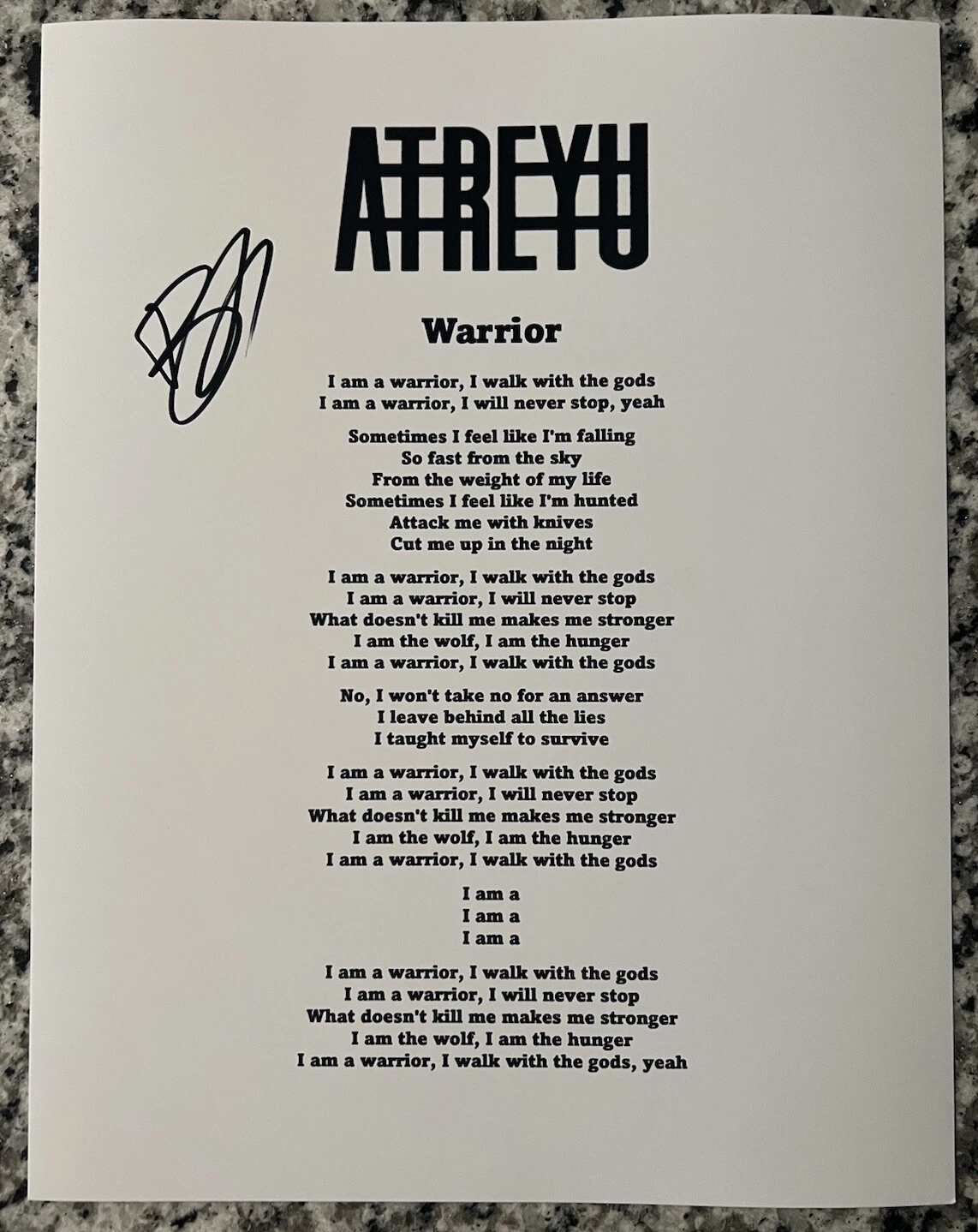 BRANDON SALLER SIGNED LYRIC SHEET ATREYU SINGER WARRIOR AUTOGRAPH AUTHENTIC COA