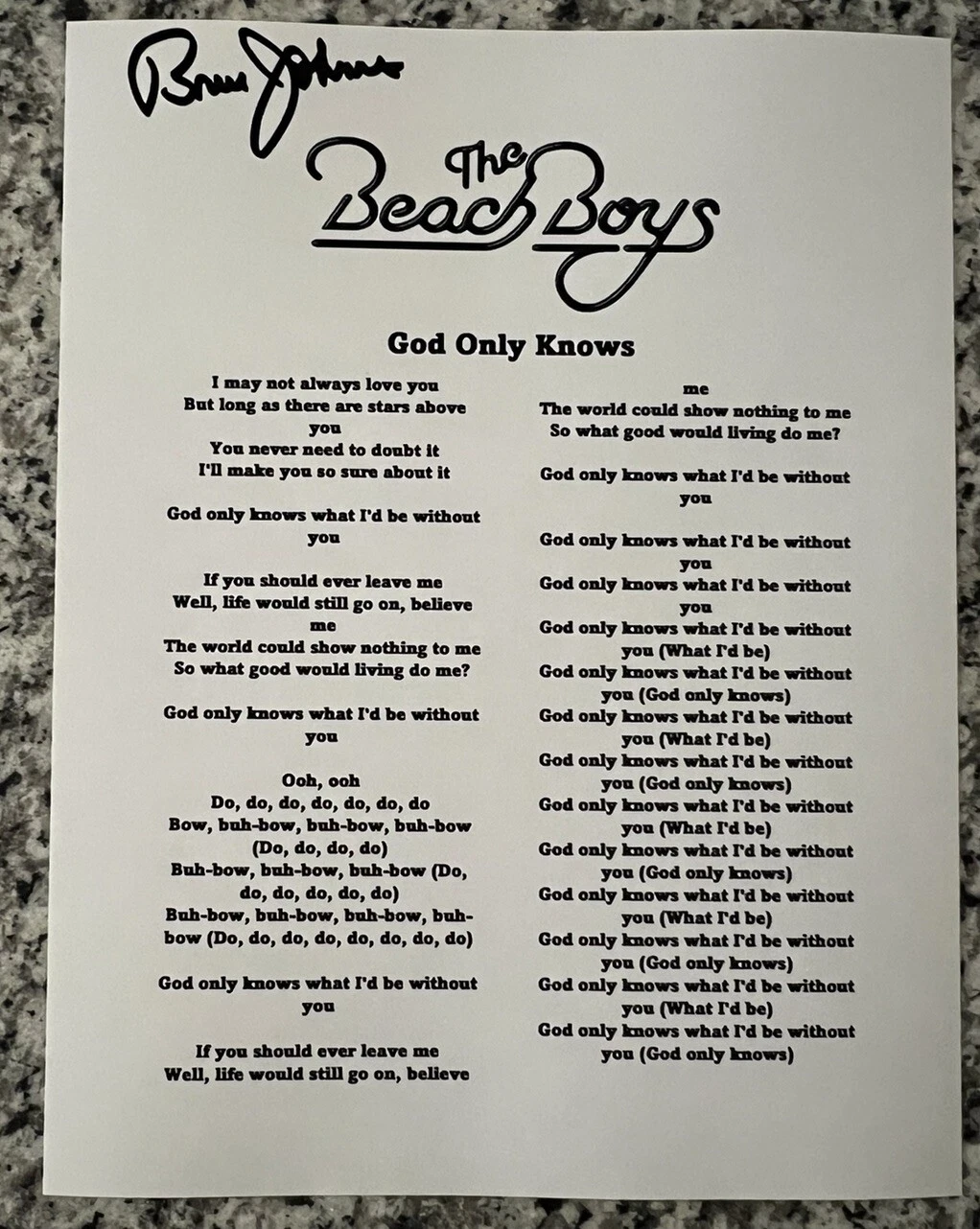 BRUCE JOHNSTON SIGNED LYRIC SHEET BEACH BOYS GOD ONLY KNOWS AUTOGRAPH PROOF COA