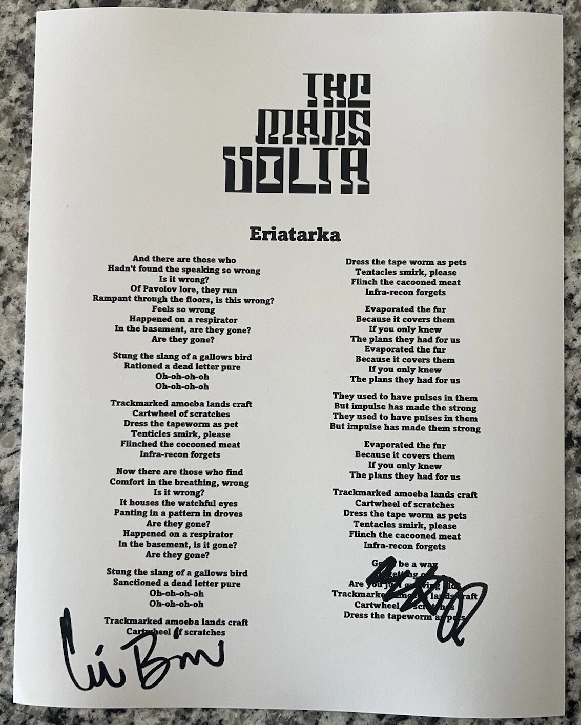THE MARS VOLTA SIGNED LYRIC SHEET ERIATARKA AUTOGRAPH AUTHENTIC COA